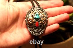 Vintage TURQUOISE CORAL squash blossom bolo STERLING 10k signed Richard Begay RB