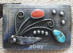 Vintage TURQUOISE & CORAL squash blossom design BELT BUCKLE sterling Navajo FJ