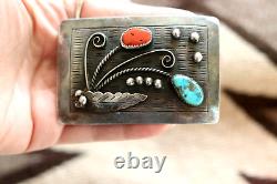 Vintage TURQUOISE & CORAL squash blossom design BELT BUCKLE sterling Navajo FJ