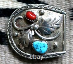 Vintage TURQUOISE & CORAL sterling belt buckle Navajo signed leaf accent cowboy