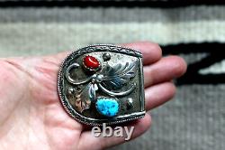 Vintage TURQUOISE & CORAL sterling belt buckle Navajo signed leaf accent cowboy