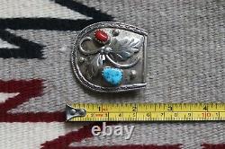 Vintage TURQUOISE & CORAL sterling belt buckle Navajo signed leaf accent cowboy