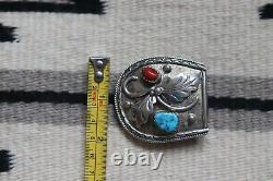 Vintage TURQUOISE & CORAL sterling belt buckle Navajo signed leaf accent cowboy