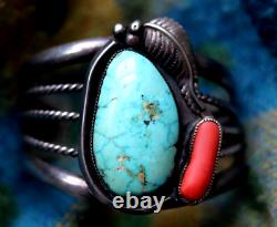 Vintage TURQUOISE + CORAL sterling cuff bracelet signed LC Navajo Southwestern
