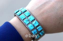 Vintage TURQUOISE DOUBLE ROW INLAY INGOT CUFF bracelet sterling Navajo Zuni READ