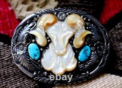 Vintage TURQUOISE & MOP BELT BUCKLE sterling silver RAM BIGHORN SHEEP Navajo