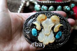 Vintage TURQUOISE & MOP BELT BUCKLE sterling silver RAM BIGHORN SHEEP Navajo