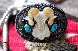 Vintage TURQUOISE & MOP BELT BUCKLE sterling silver RAM BIGHORN SHEEP Navajo