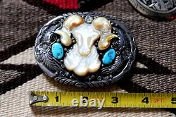 Vintage TURQUOISE & MOP BELT BUCKLE sterling silver RAM BIGHORN SHEEP Navajo