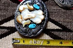 Vintage TURQUOISE & MOP BELT BUCKLE sterling silver RAM BIGHORN SHEEP Navajo