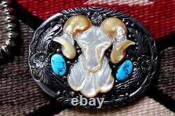 Vintage TURQUOISE & MOP BELT BUCKLE sterling silver RAM BIGHORN SHEEP Navajo