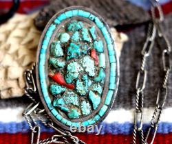 Vintage TURQUOISE NUGGET HEISHI CORAL necklace Navajo signed JL sterling silver