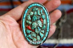 Vintage TURQUOISE NUGGET HEISHI CORAL necklace Navajo signed JL sterling silver