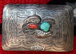 Vintage TURQUOISE + RED CORAL BELT BUCKLE sterling silver Navajo Southwestern