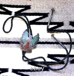 Vintage TURQUOISE RED CORAL sterling THUNDERBIRD bolo victory bird Navajo signed