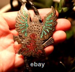 Vintage TURQUOISE RED CORAL sterling THUNDERBIRD bolo victory bird Navajo signed