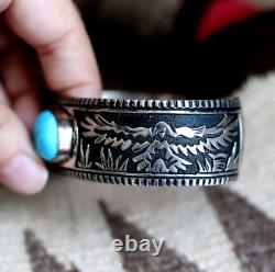 Vintage TURQUOISE STERLING OVERLAY NAVAJO CUFF bracelet eagle Richard Singer men
