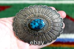 Vintage TURQUOISE + TUFA CAST STERLING silver CONCHO belt buckle Navajo signed