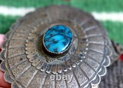 Vintage TURQUOISE + TUFA CAST STERLING silver CONCHO belt buckle Navajo signed