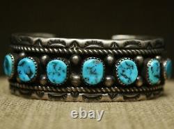 Vintage Thick Heavy Native American Navajo Turquoise Sterling Silver Bracelet