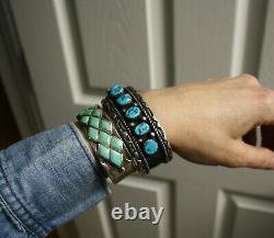 Vintage Thick Heavy Native American Navajo Turquoise Sterling Silver Bracelet