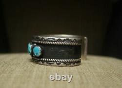 Vintage Thick Heavy Native American Navajo Turquoise Sterling Silver Bracelet