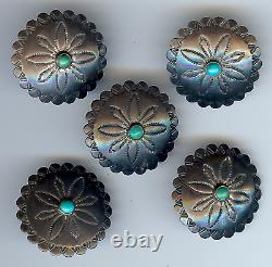 Vintage Trading Post Navajo Indian Sterling Silver Turquoise Buttons Set Of Five