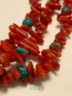 Vintage Tribal Navajo Natural Red Coral and Natural Turquoise 3 Strand Necklace