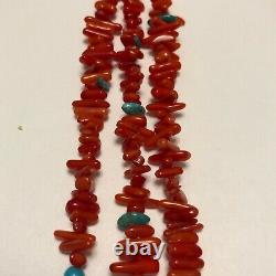 Vintage Tribal Navajo Natural Red Coral and Natural Turquoise 3 Strand Necklace