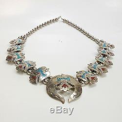 Vintage Turquoise Coral Chip Inlay Peyote Bird Squash Blossom Necklace