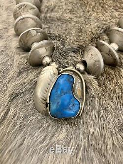 Vintage Turquoise Pendant Buffalo Nickel Navajo Pearl Squash Blossom Necklace