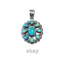 Vintage Turquoise Pendant Navajo Cluster & Sterling Stamp Work 2 1/16 Tall