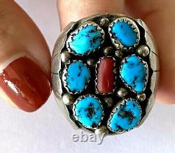 Vintage Turquoise Red Coral Navajo Mens Tribal Ring Sterling Size 11 Patina