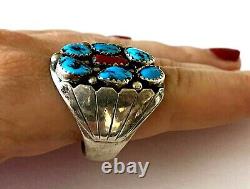 Vintage Turquoise Red Coral Navajo Mens Tribal Ring Sterling Size 11 Patina
