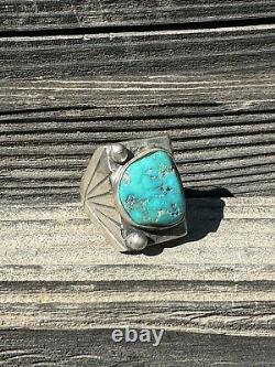 Vintage Turquoise Ring Sterling Silver Navajo Native 1950s 60s Trading Post 9.75