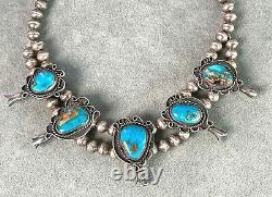Vintage Turquoise Squash Blossom Necklace 16 Sterling Bench made Beads Navajo