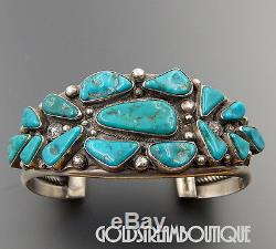 Vintage Verdy Jake Navajo Sterling Silver Turquoise Cluster Wide Cuff Bracelet