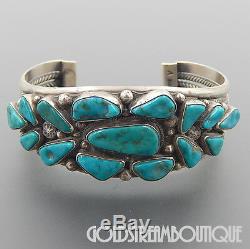 Vintage Verdy Jake Navajo Sterling Silver Turquoise Cluster Wide Cuff Bracelet