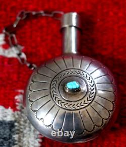 Vintage WATER WEB TURQUOISE STERLING SILVER NAVAJO CANTEEN flask tobacco 77g