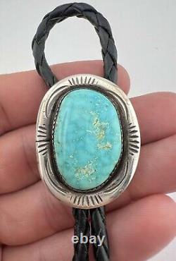 Vintage Yazzie Navajo Sterling Silver Webbed Fox Turquoise Stamped Bolo Tie