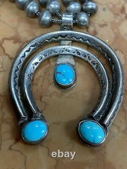 Vintage old pawn squash blossom turquoise Navajo sterling necklace