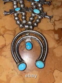 Vintage old pawn squash blossom turquoise Navajo sterling necklace