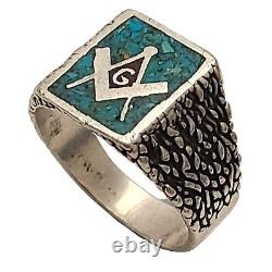 Vintage rare NAVAJO Sterling Silver MASONIC crushed turquoise Handmade RIng sz13