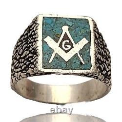 Vintage rare NAVAJO Sterling Silver MASONIC crushed turquoise Handmade RIng sz13