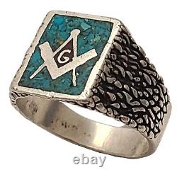 Vintage rare NAVAJO Sterling Silver MASONIC crushed turquoise Handmade RIng sz13