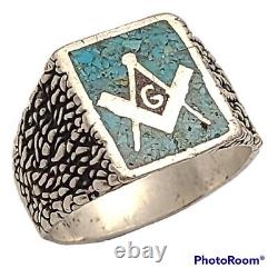 Vintage rare NAVAJO Sterling Silver MASONIC crushed turquoise Handmade RIng sz13