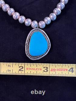 Vintage turquoise necklace featuring handmade sterling Navajo pearls size 15