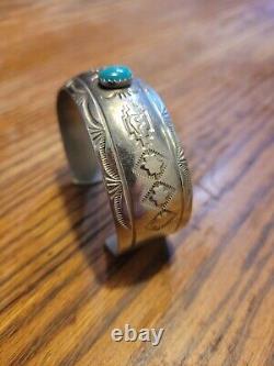 Vintage wide navajo sterling silver turquoise cuff bracelet signed 30.2 Grams