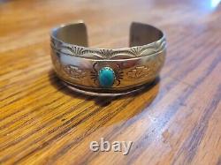 Vintage wide navajo sterling silver turquoise cuff bracelet signed 30.2 Grams
