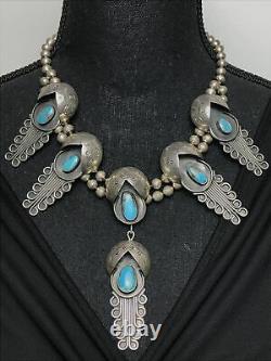 Vtg 100g Old Pawn Navajo Squash Blossom Turquoise Sterling Silver Necklace